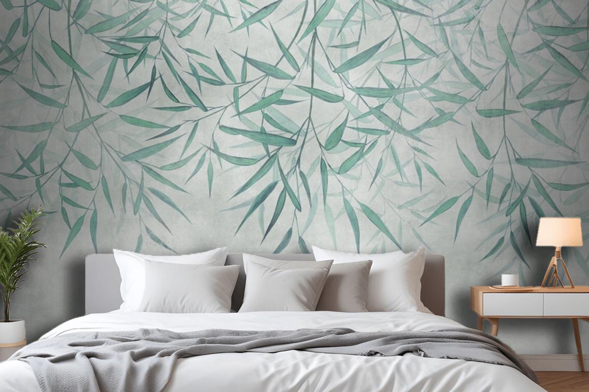 Painted Reed Bamboo Leaves Hanging From Above On A Textured Background Bedroom Wallpaper Mural
