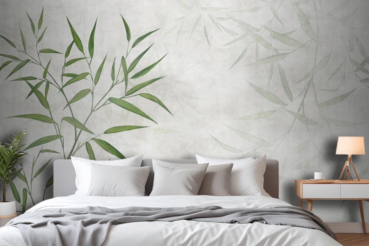 Painted Reed Bamboo Leaves On A Textured Background Bedroom Wallpaper Mural