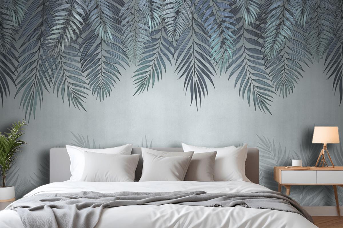 Palm Leaves In Pale Blue Flowers Bedroom Wallpaper Mural