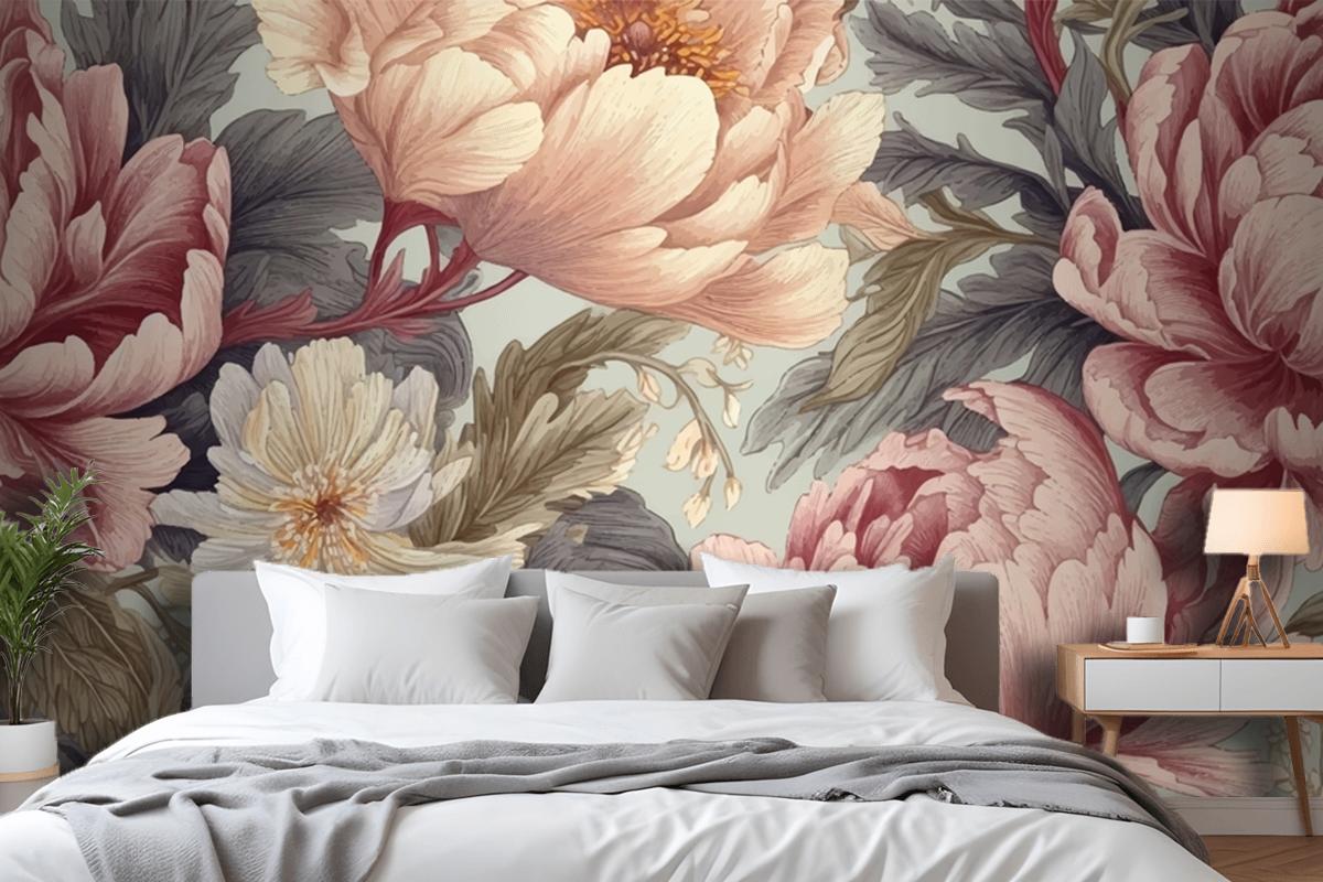 Seamless Boho Floral Pattern With Pink Peony Flowers Bedroom Wallpaper Mural