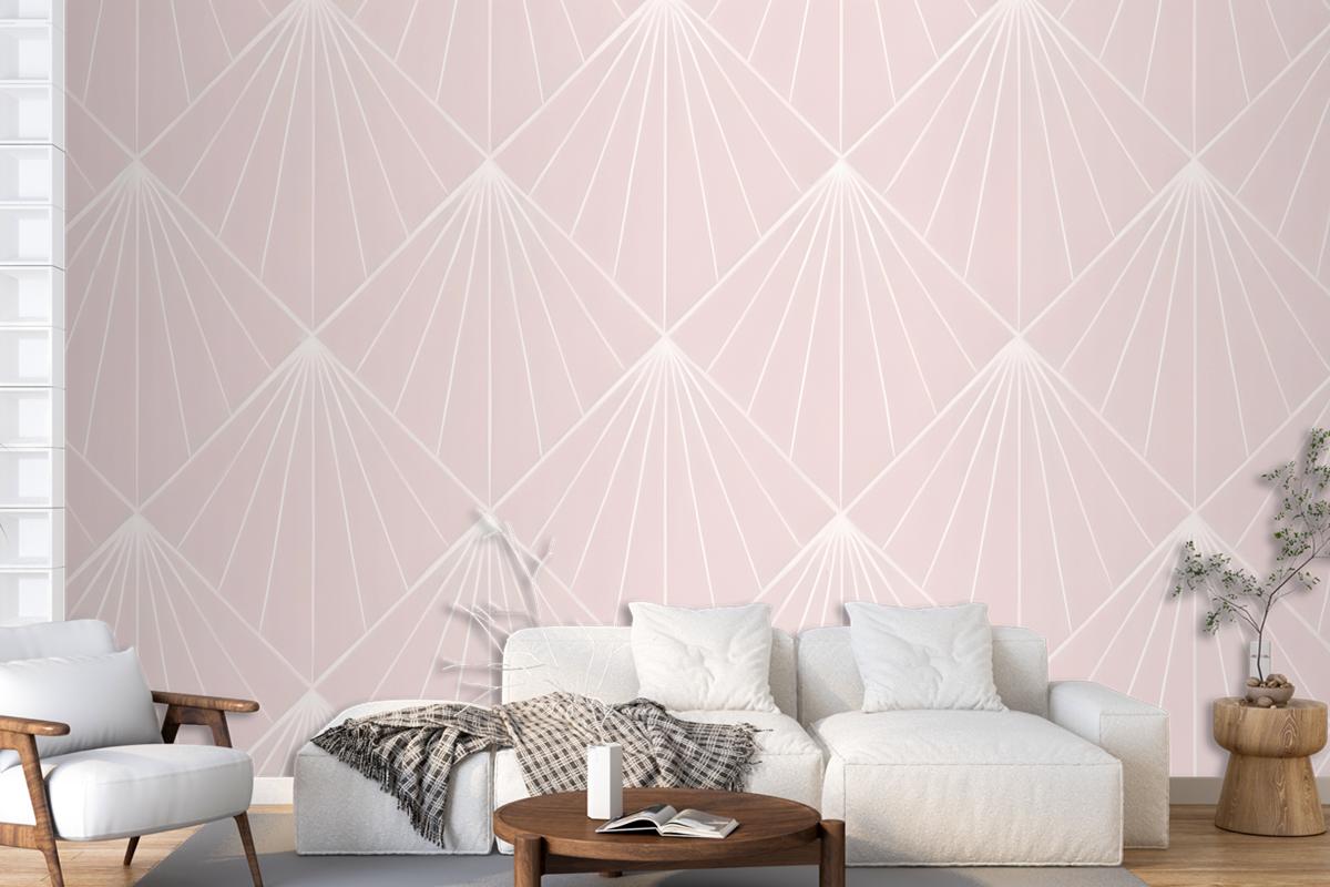 Seamless Geometric Pattern With White Radiating Lines On A Light Pink Wallpaper Mural