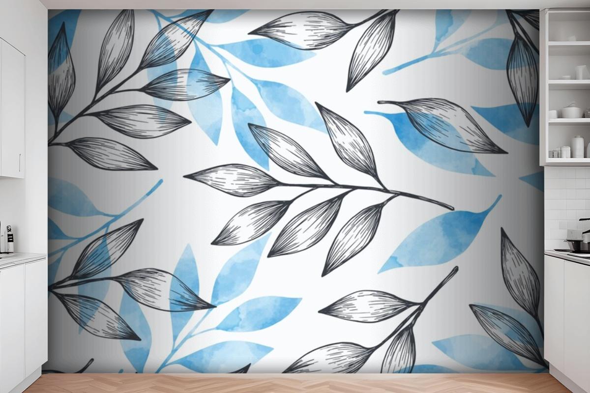 Simple Background With Gray And Blue Leaves Wallpaper Mural