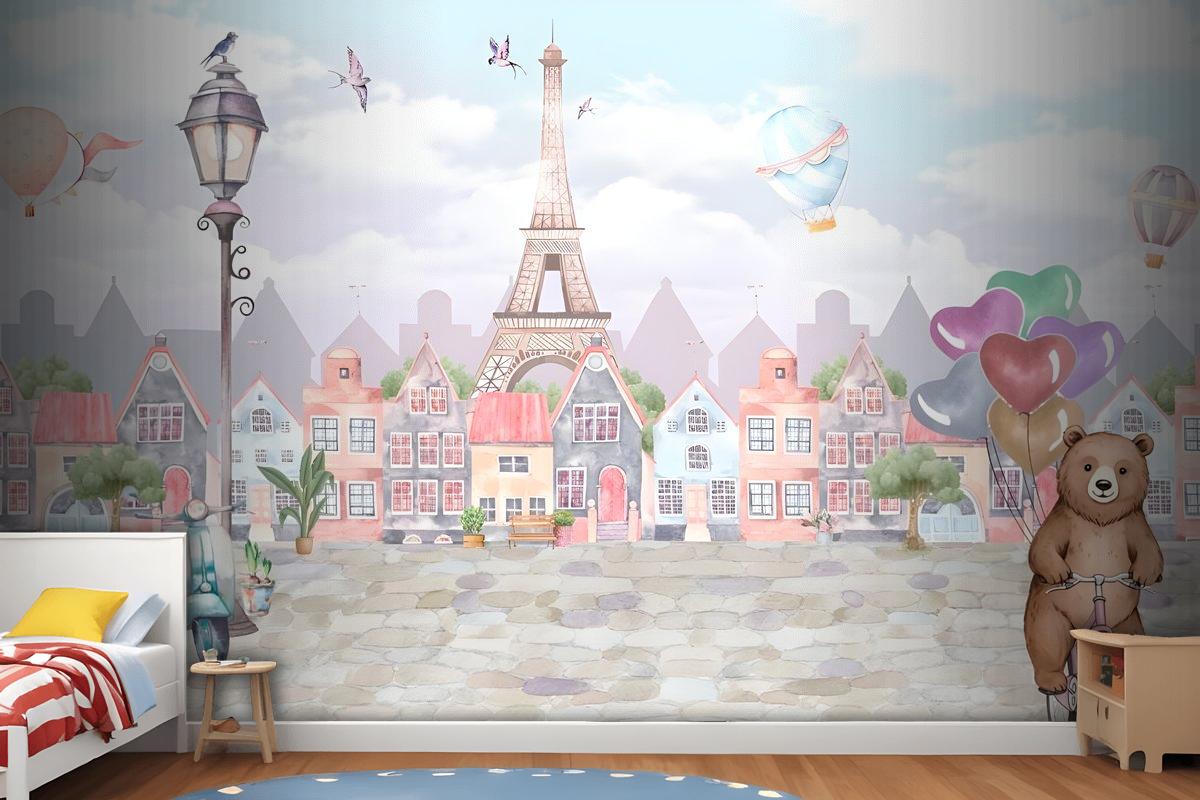 Sweet Teddy Bear in Paris Kids Room Wallpaper Mural