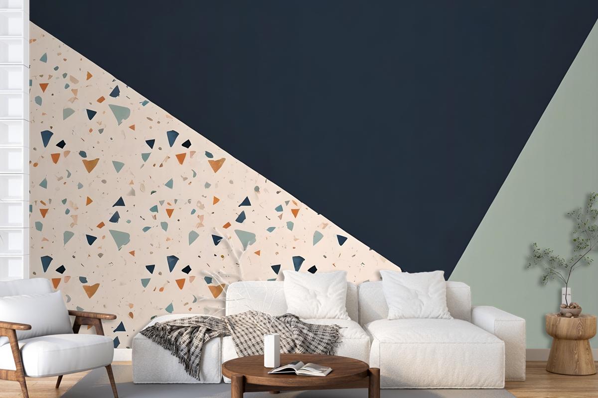 Terrazzo Style Pattern With Various Shapes Blue And Light Green Wallpaper Mural