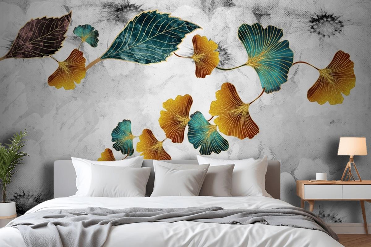 Turquoise And Golden Ginkgo Leaves In Light Gray Canvas Paint Bedroom Wallpaper Mural