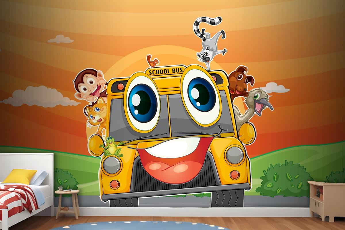 Various Animals In School Bus Wallpaper Mural