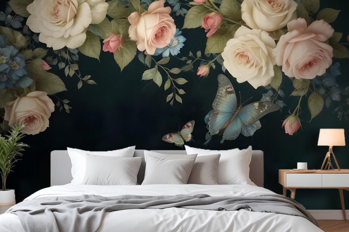 Vintage Oil Painting Dark Roses Bedroom Wallpaper Mural