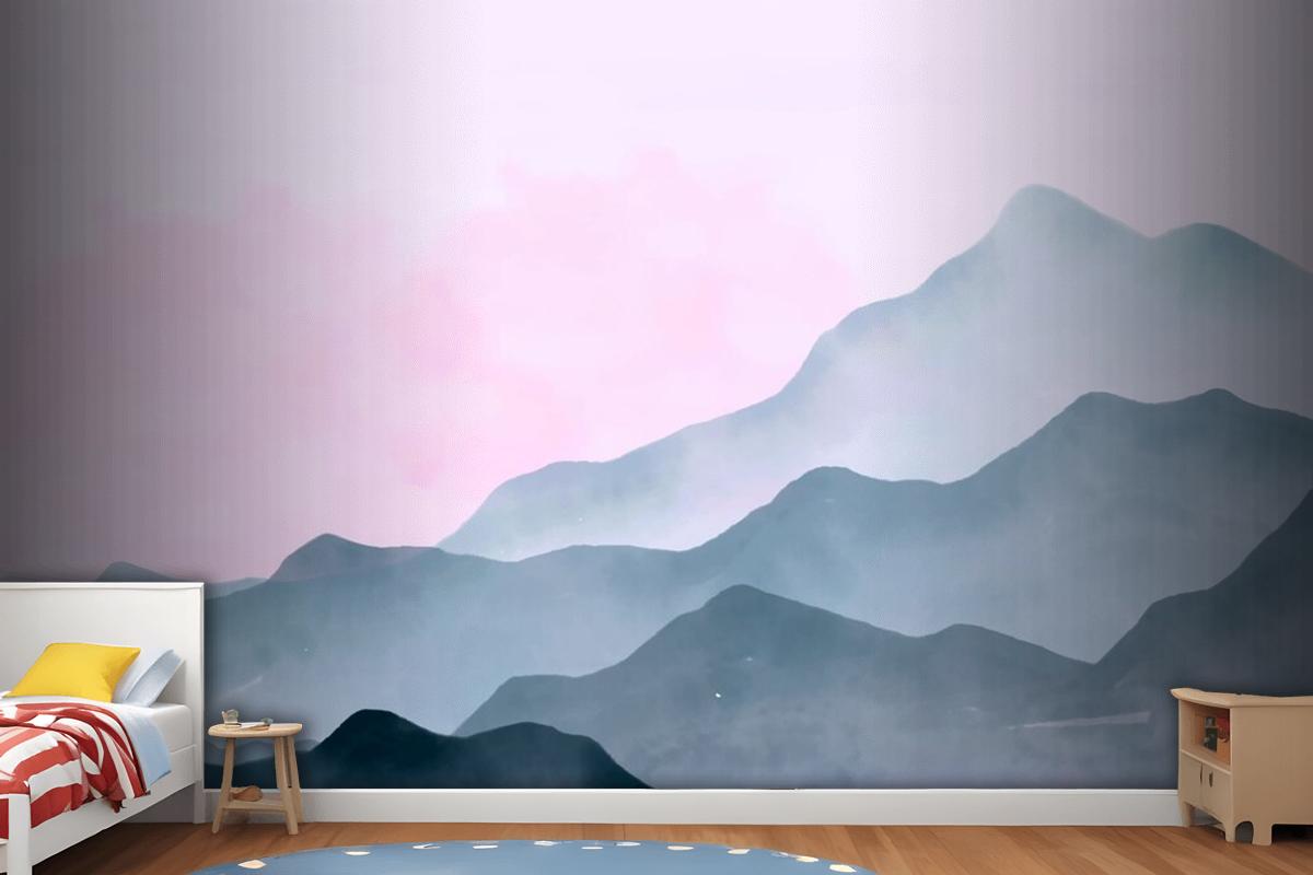 Watercolor Mountains Background With Pink Sky Wallpaper Mural
