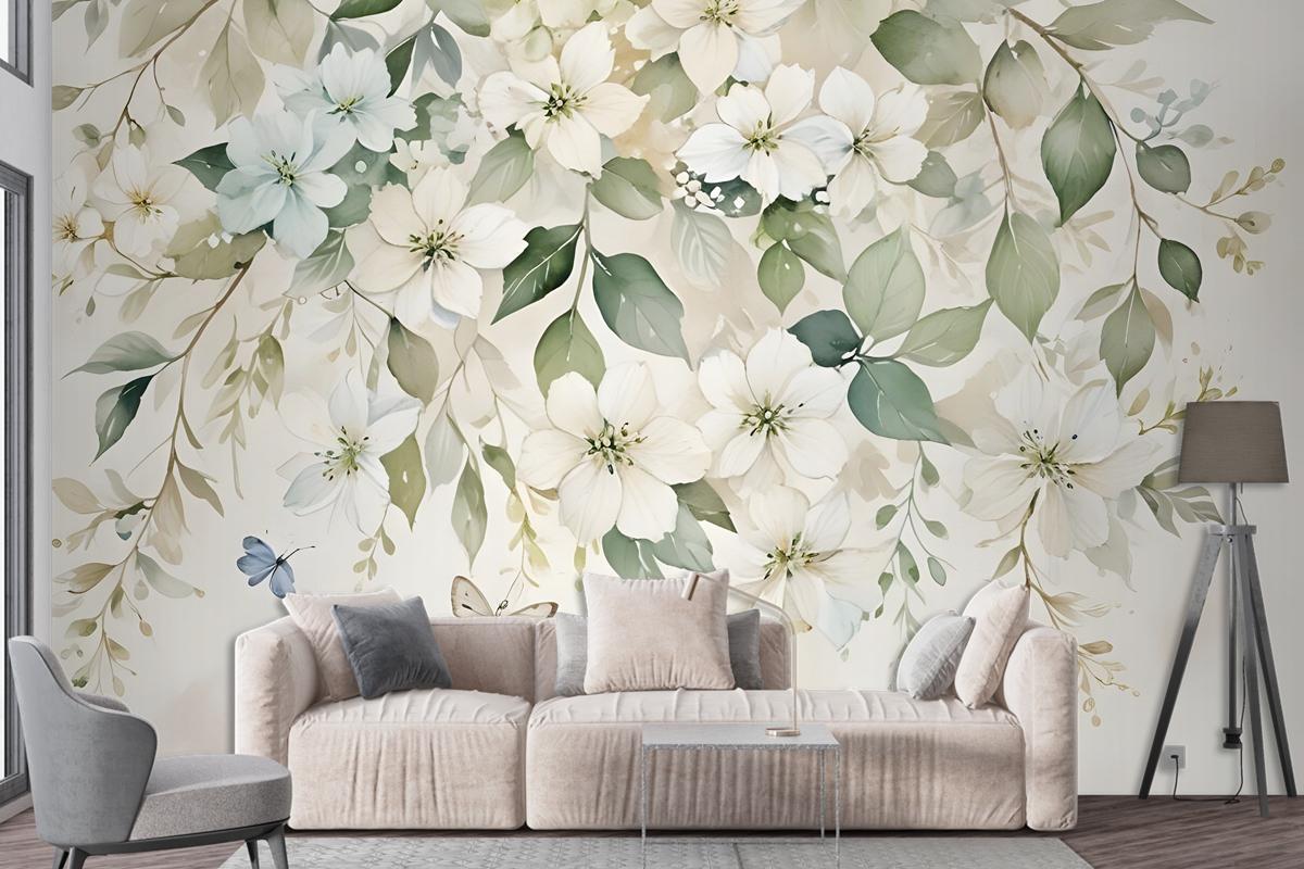 Watercolor Soft Floral With Green Leaves Wall Mural