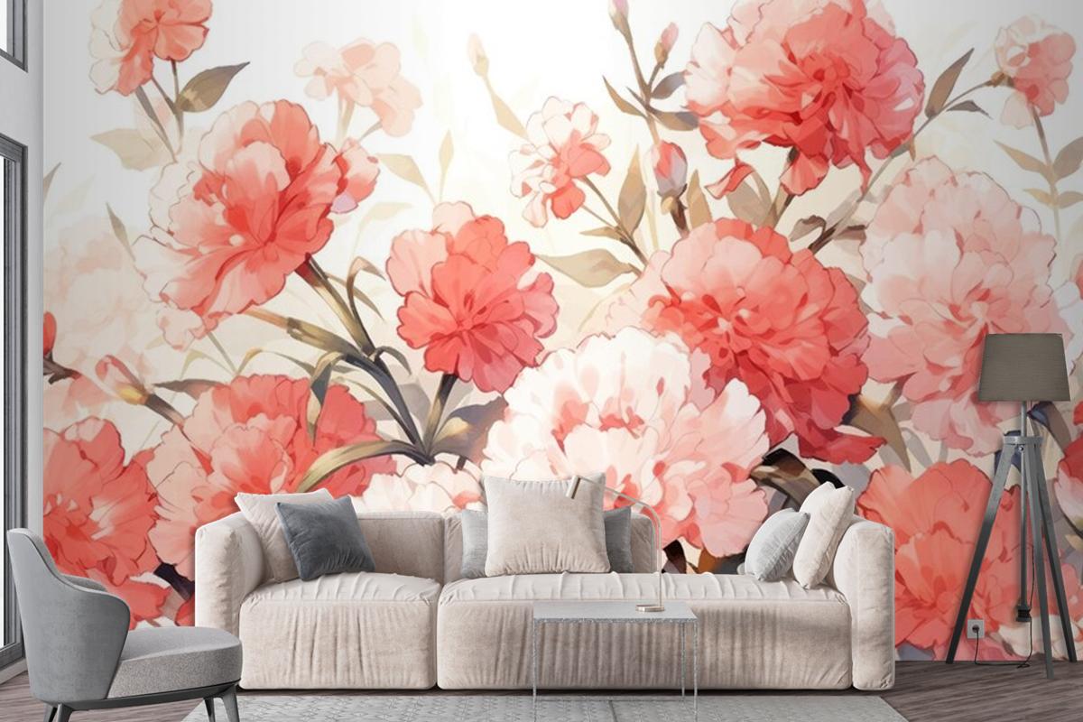 Watercolor Vintage Carnations Pattern With Complementary Colors Wallpaper Mural