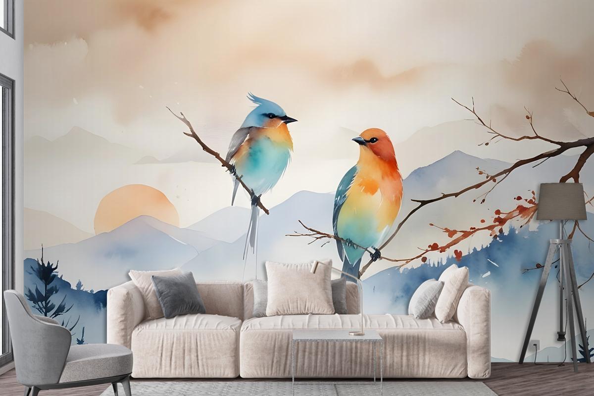 Watercolor Winter Landscape And Colorful Bird Wallpaper Mural