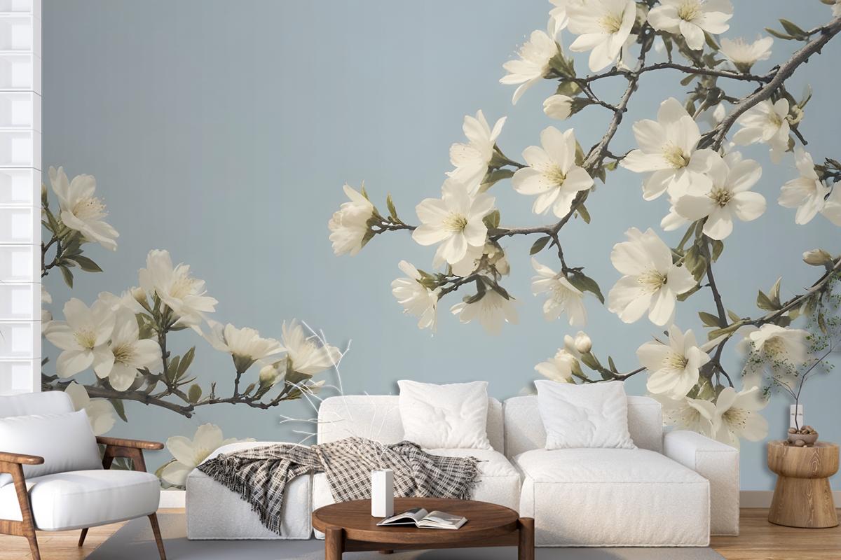 White Flowers Blooming On Tree Branches Against A Pale Blue Sky Wallpaper Mural