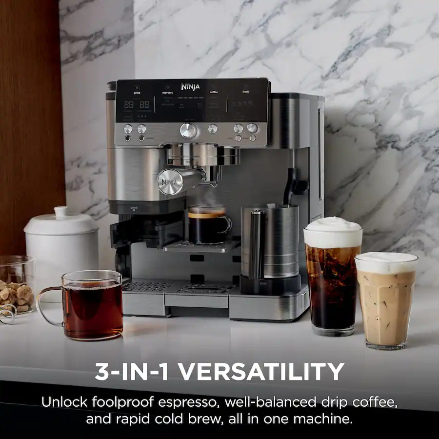Ninja Luxe Café Premier Espresso Machine & Drip Coffee Maker, Rapid Cold Brew, Integrated Grinder, Assisted Tamper, Hands-Free Frother for Cappuccinos, Lattes, Dairy or Non-Dairy, ES601 Silver