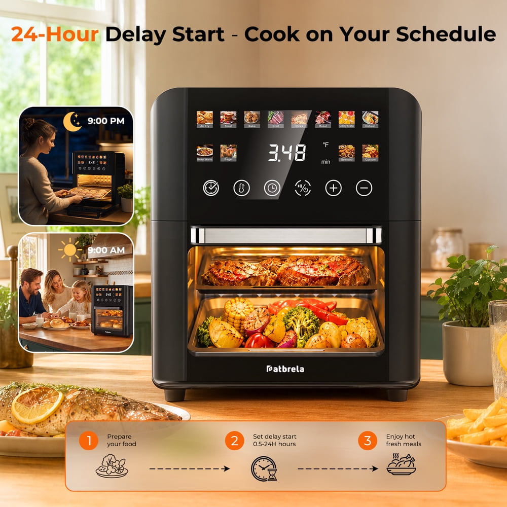 Patbrela 12-Quart Air Fryer Toaster Oven with Full-Color Touchscreen, 12 Preset Menus and 24-Hour Delay Timer, 1500W