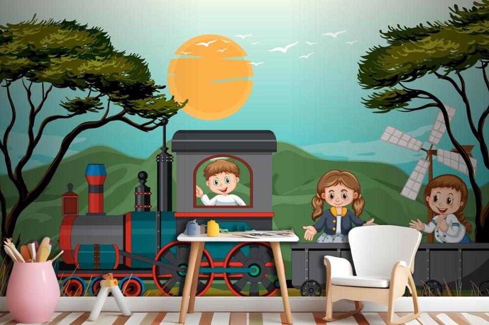 A Kids In A Train With Natural Scene Kids Wallpaper Mural