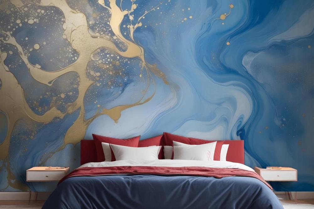 Abstract Blue And Gold Fluid Art Painting Bedroom Wallpaper Mural