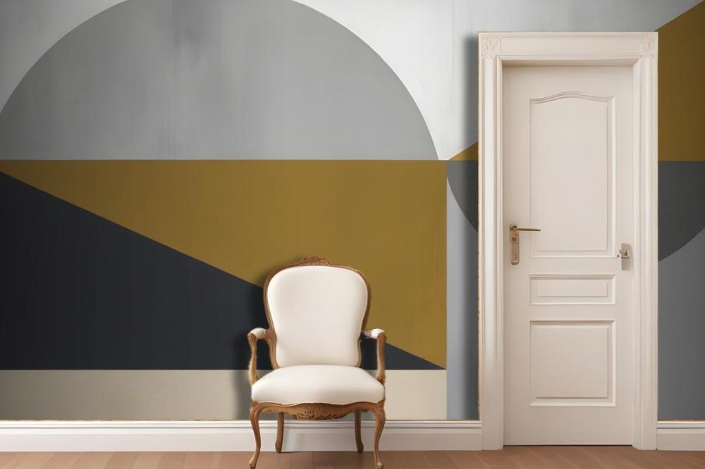 Abstract Geometric Shapes In Shades Of Gray Yellow And Black Wallpaper Mural