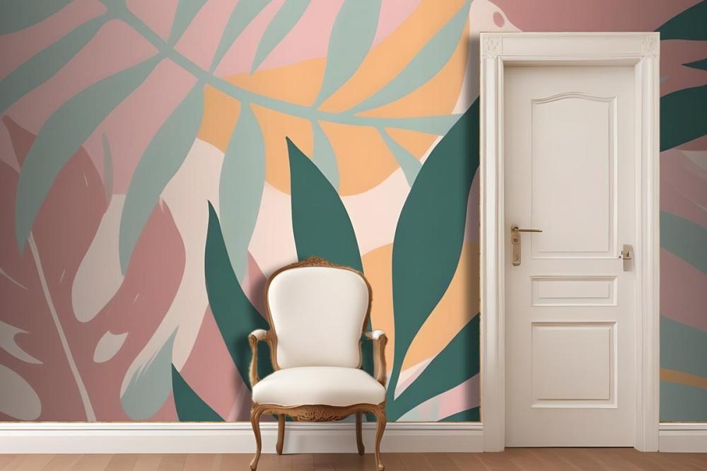 Abstract Tropical Leaves And Shapes In Pastel Colors On A Pink Wallpaper Mural