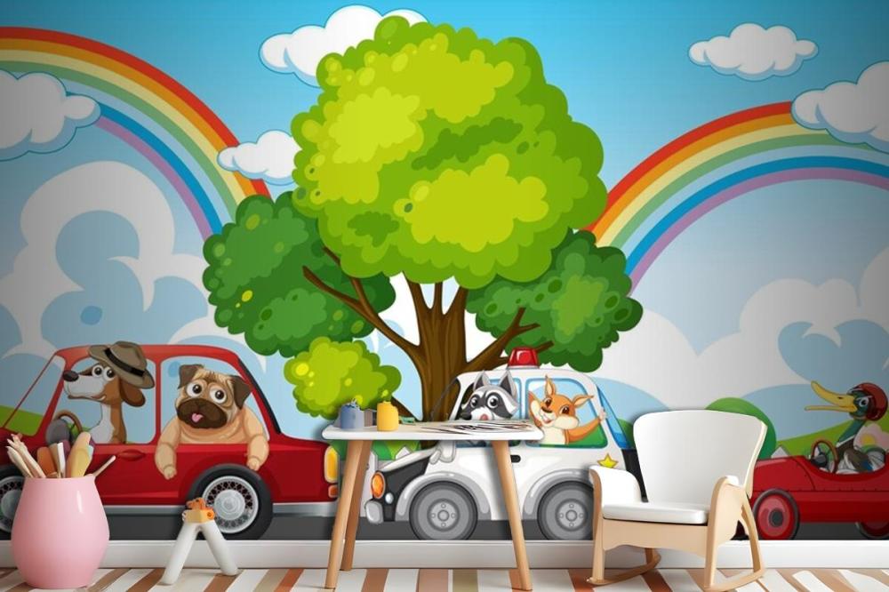 Animals Driving Different Cars Wallpaper Mural