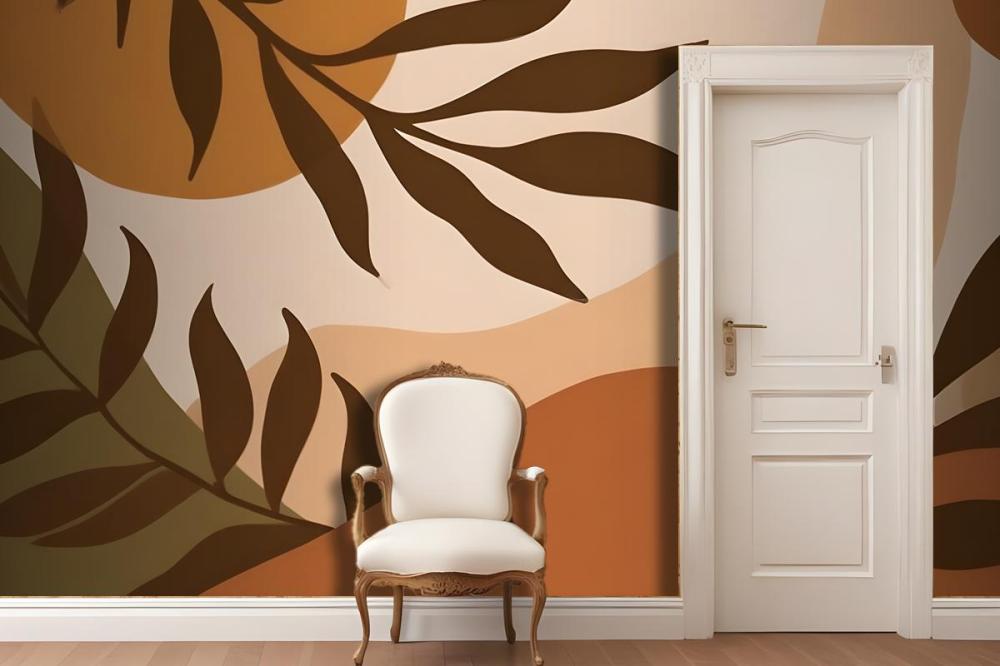 Autumn Leaves In Warm Colors Against A Beige Wallpaper Mural