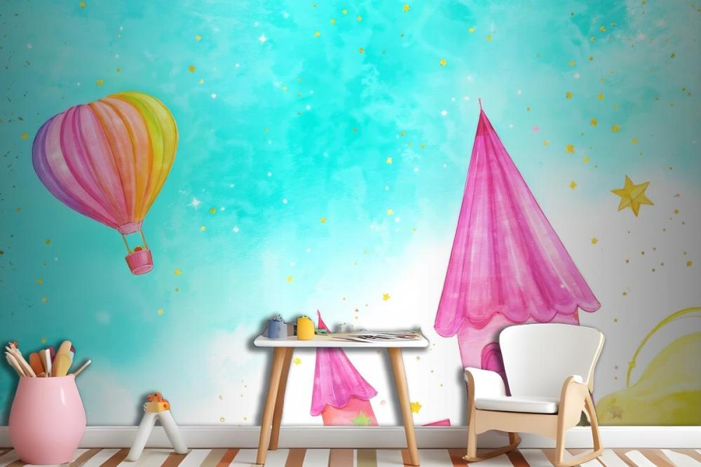 Balloon With A Flying Fairytale Watercolor Wallpaper Mural