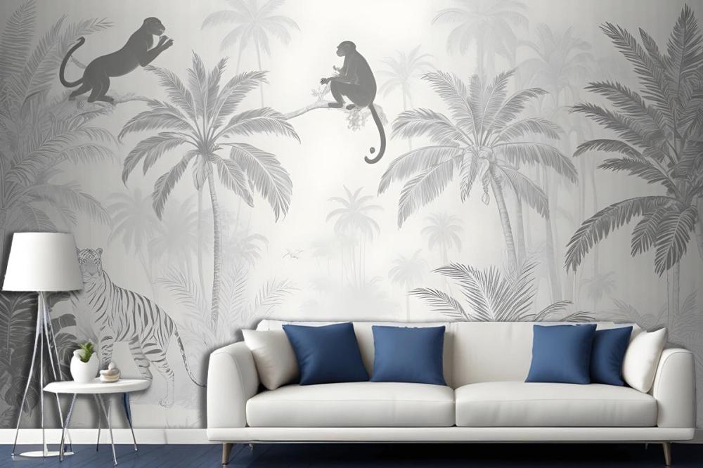 Black And White Jungle Palm Trees Flowers Animal Silhouettes Wallpaper Mural