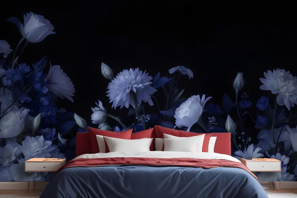 Blue Delft Dark Floral Art Painting Wallpaper Mural