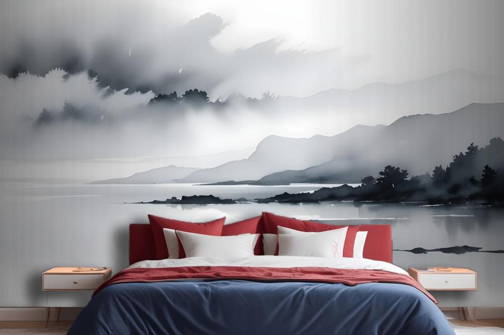 Blue Gray Watercolor Lake Landscape Wallpaper Mural