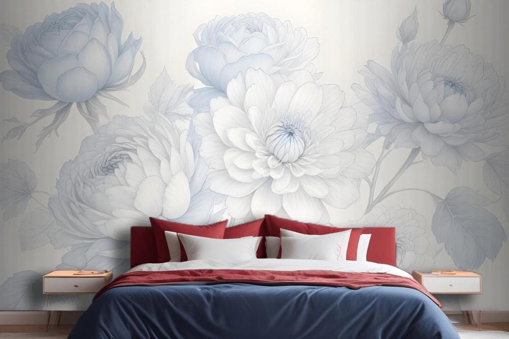 Blue Large Illustrated Roses Wallpaper Mural