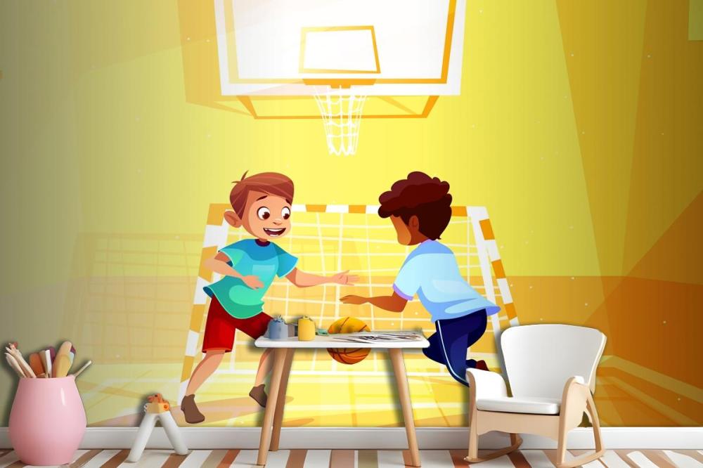 Boys Playing Basketball Kid With Ball In School Wallpaper Mural
