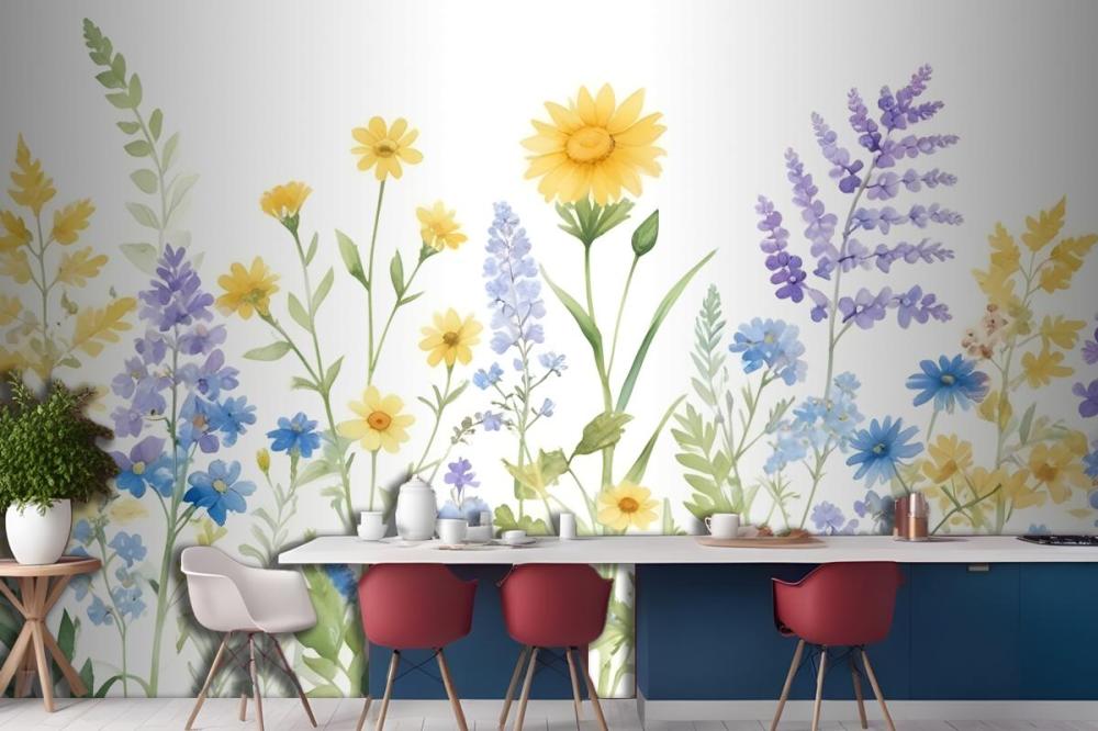 Bright Lilac & Green Watercolor Wildflower Wallpaper Mural