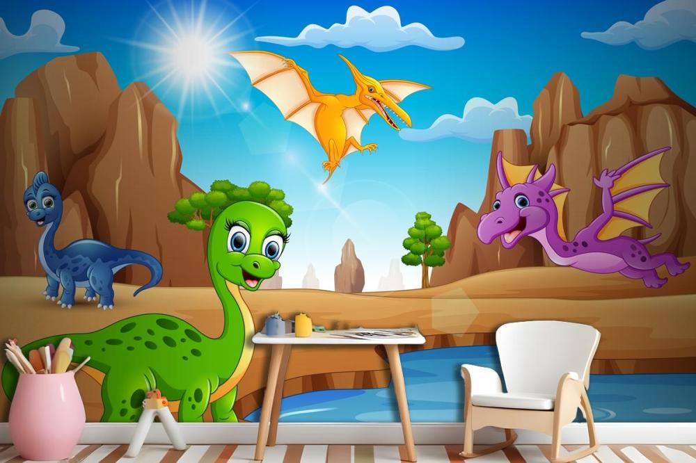 Cartoon Happy Dinosaurs Living In The Desert Wallpaper Mural