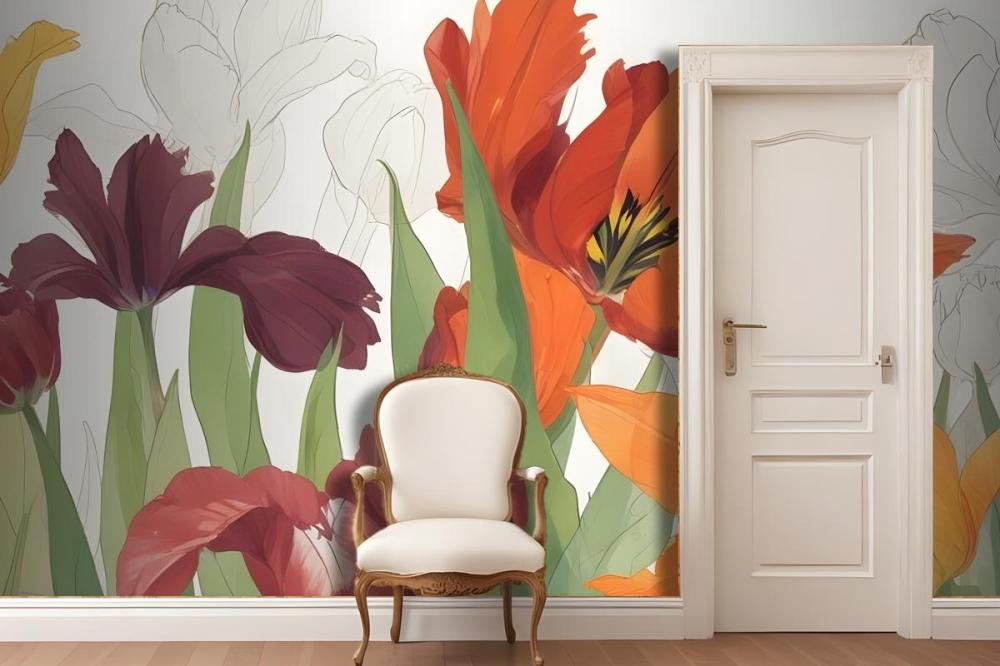 Closeup Orange And Red Tulips With Green Leaves Against A Light Wallpaper Mural