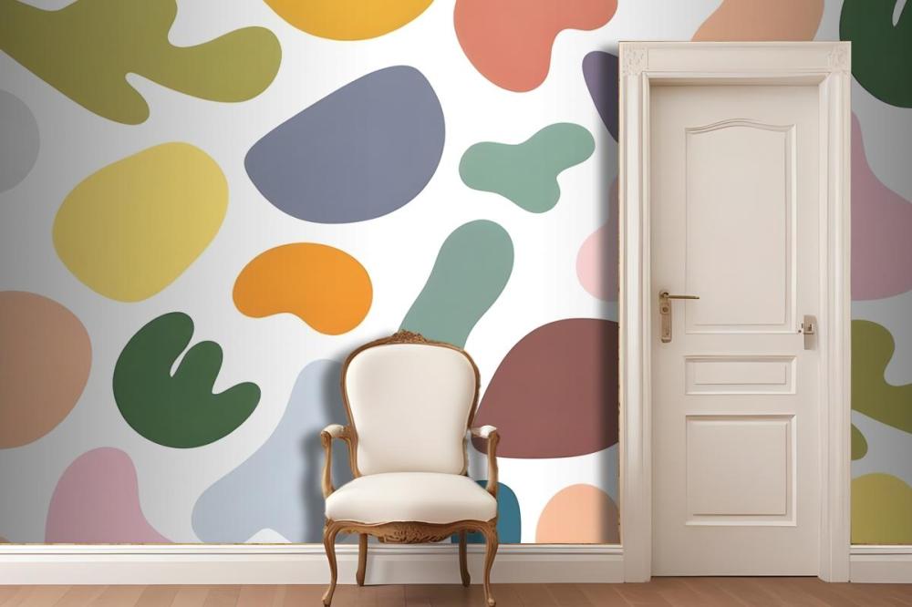 Colorful Abstract Shapes In Various Pastel Tones Including Circles Arranged In A Random Pattern On A White Wallpaper Mural