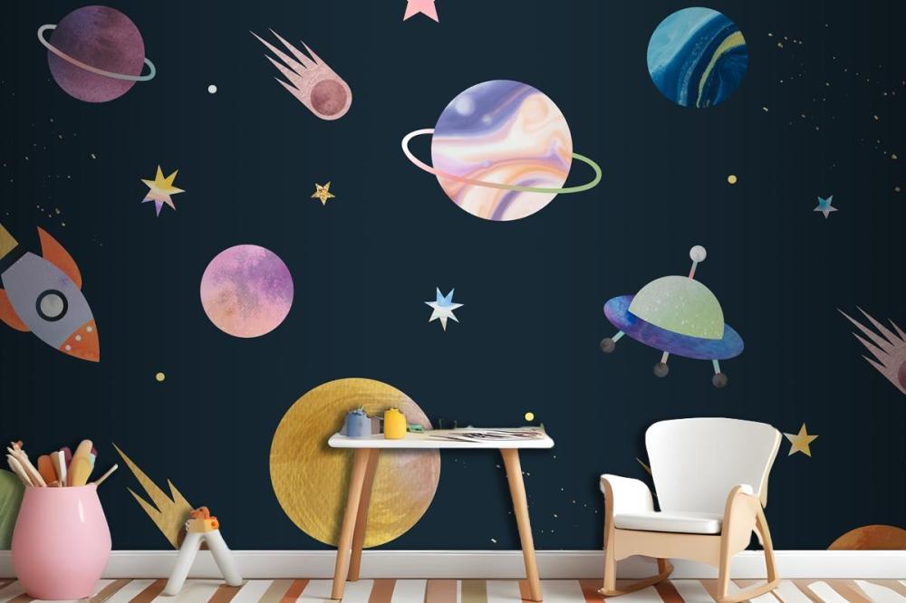 Colorful Galaxy Watercolor Doodle On Black Wallpaper Mural