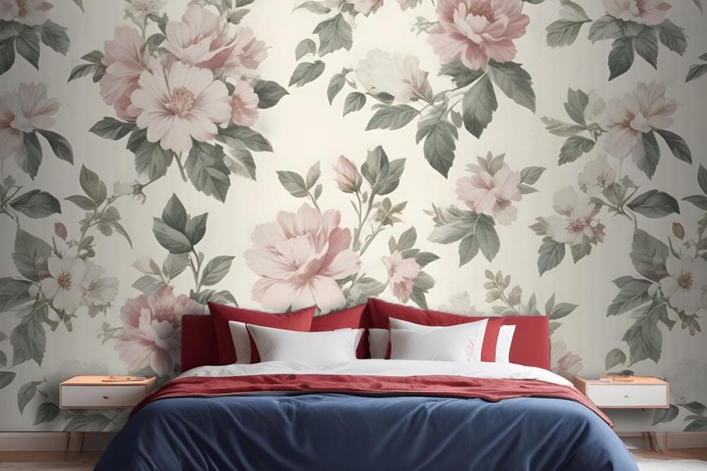 Cream & Pink Rose Vintage Floral Wallpaper Mural
