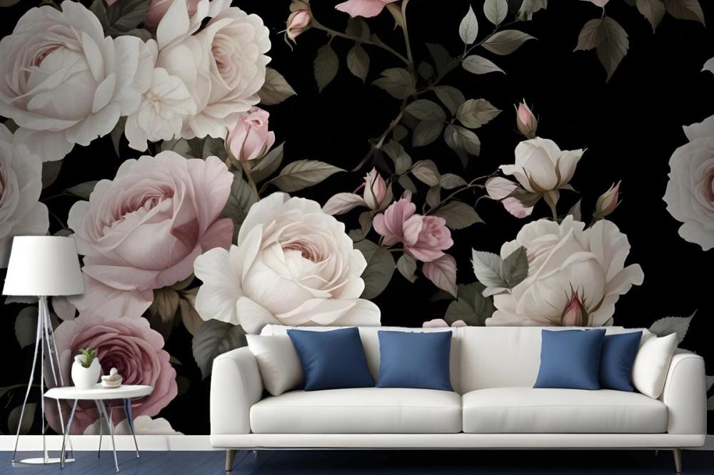 Dark Background Large Pink White Roses Green Leaves Wallpaper Mural