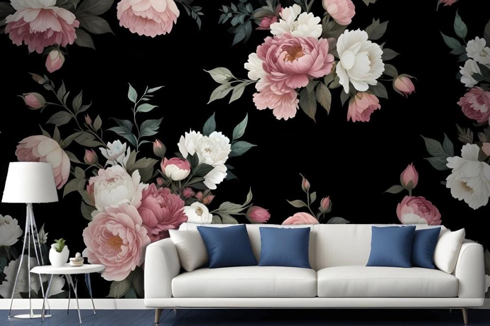 Dark Background Large Pink White Roses Peonies Other Flowers Wallpaper Mural