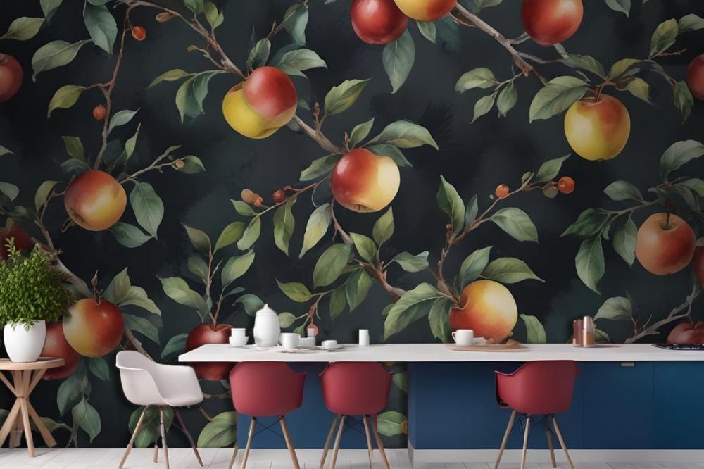Dark Green And Navy Vintage Botanical Fruit Repeat Pattern Wallpaper