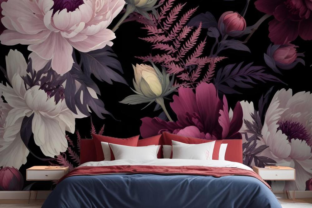Dark Watercolor Colorful Peony Floral Wallpaper Mural