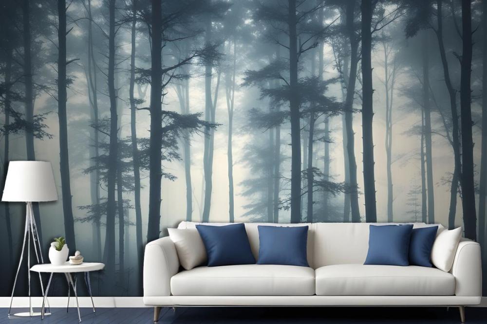 Dense Misty Forest With Tall Slender Trees And A Foggy Atmosphere Wallpaper Mural