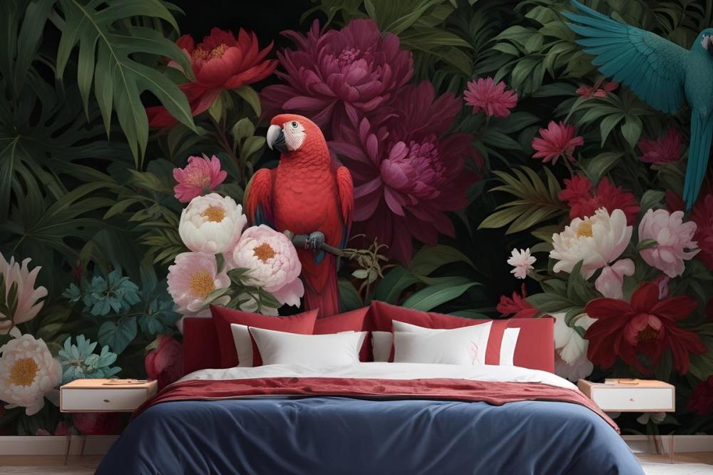 Digital Painting A Vibrant Tropical Floral Arrange Wallpaper Mural