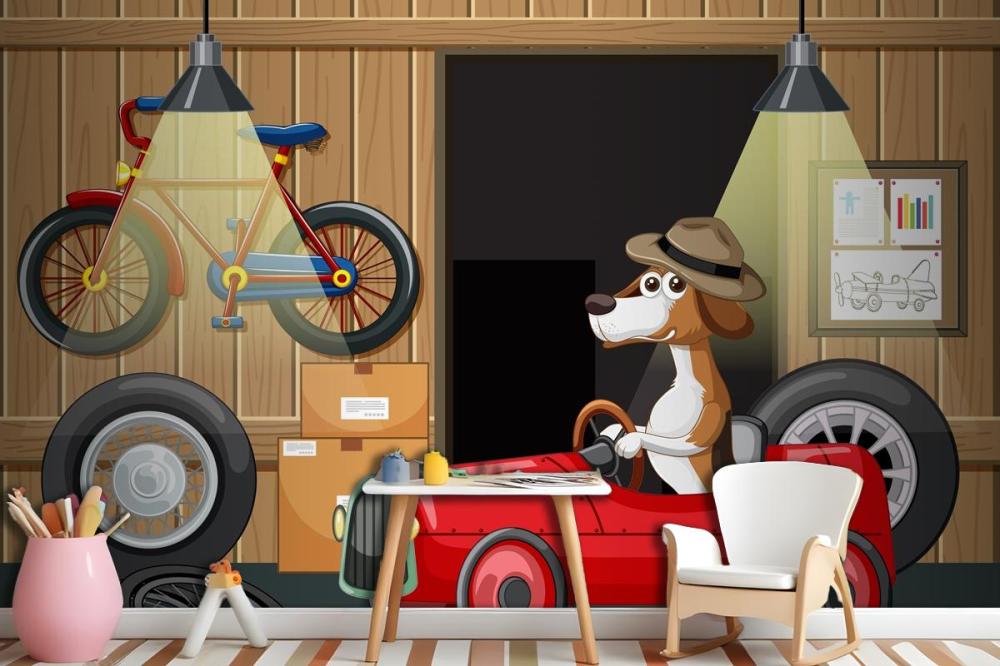 Dog Driving Car In Garage Wallpaper Mural