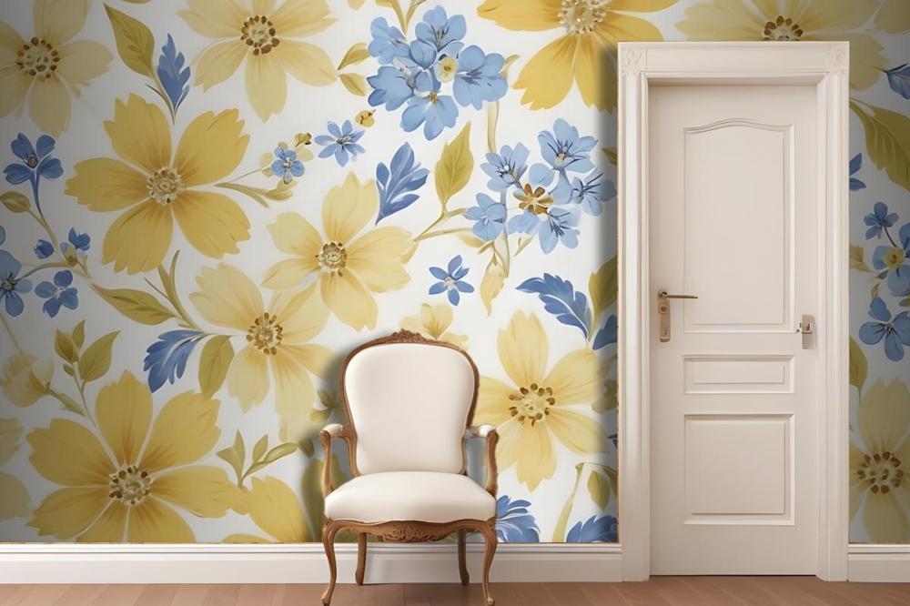Floral Pattern With Large Yellow Flowers And Smaller Blue Flowers On A White Wallpaper Mural