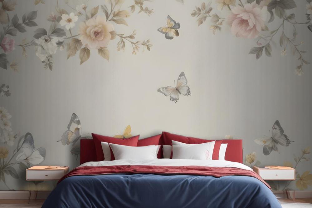 Floral Wallpaper Pattern With Delicate Butterflies Mural