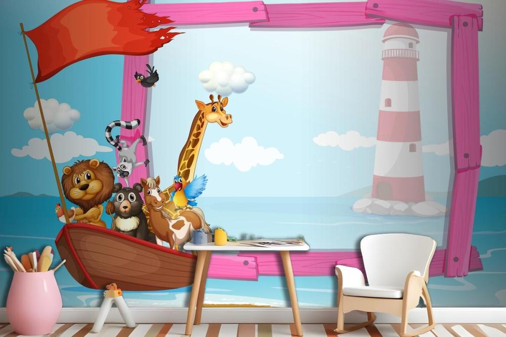 Frame With Wild Animals In The Boat Wallpaper Mural