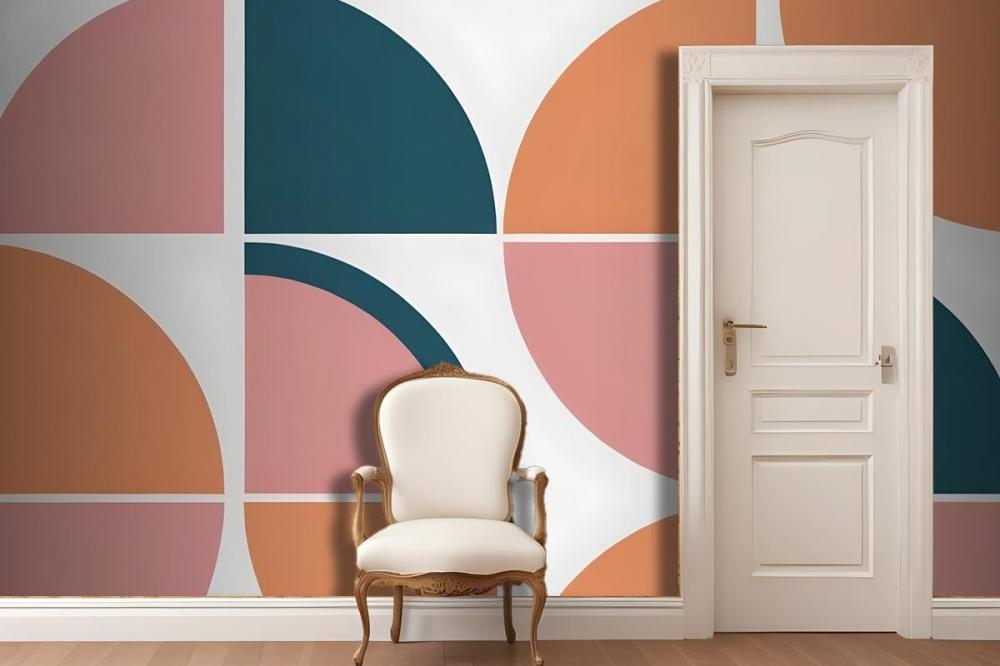 Geometric Abstract Pattern With Various Shapes And Colors Including Teal Peach And Pink Wallpaper Mural