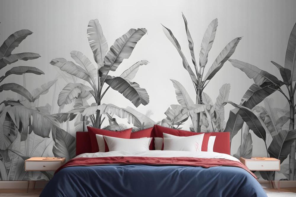 Grayscale Vintage Tropical Plants Wallpaper Mural
