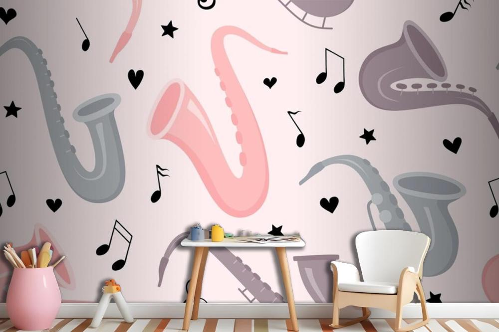 Hand Drawn Saxophone Seamless Pattern Wallpaper Mural