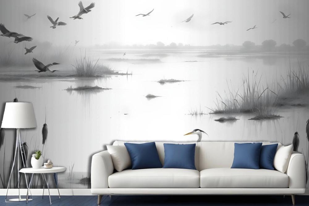 Heron Sketch In Misty Wetlands With Flying Birds Wallpaper Mural